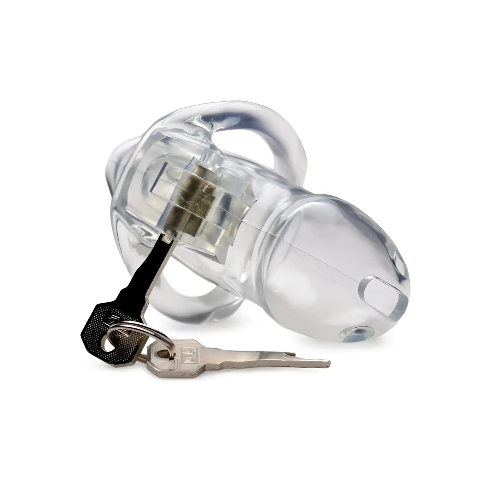 Master series clear captor chastity cage small s clear plastic with metallic lock and two keys beside it
