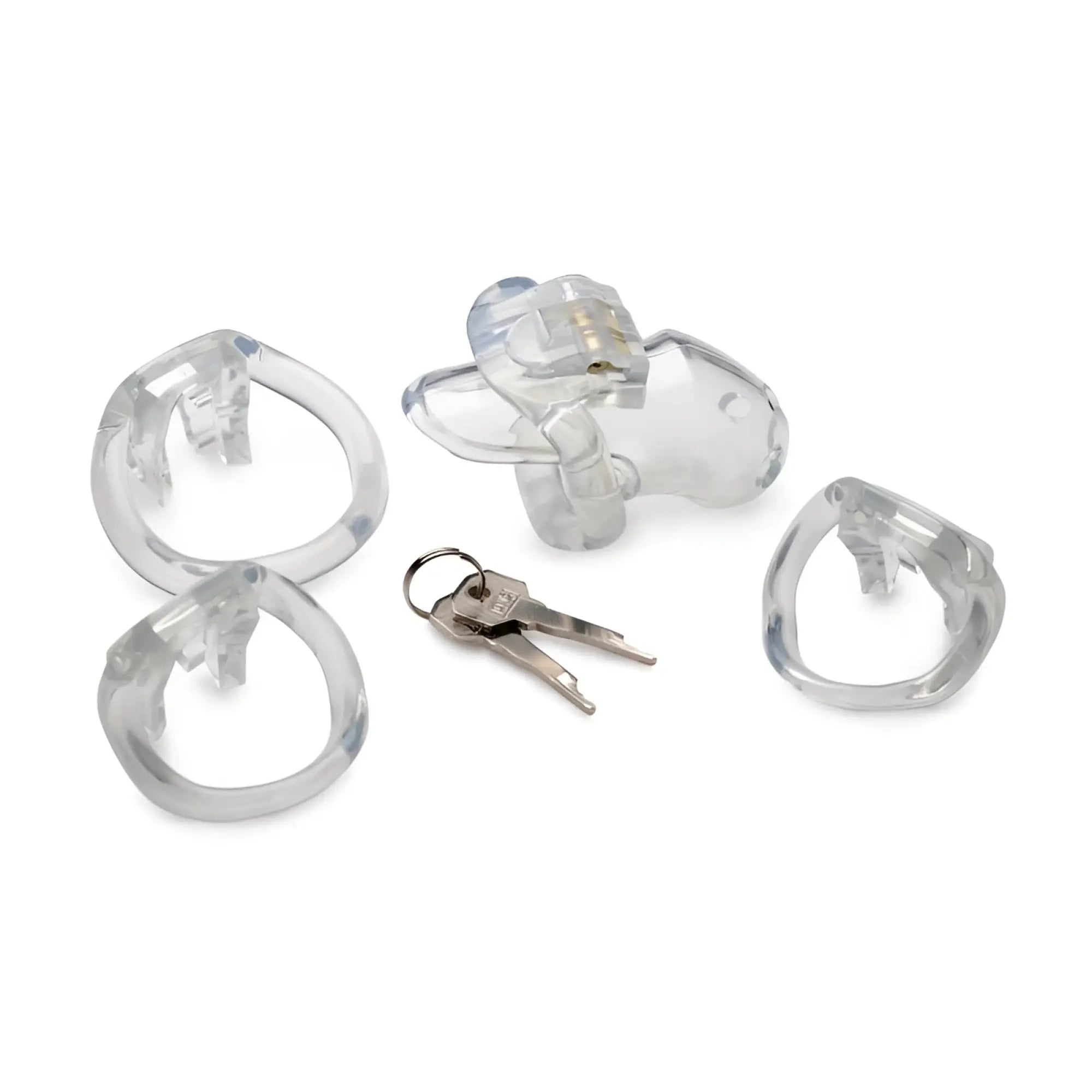 Clear plastic chastity cage with matching rings and metal keys from master series clear captor chastity cage small s
