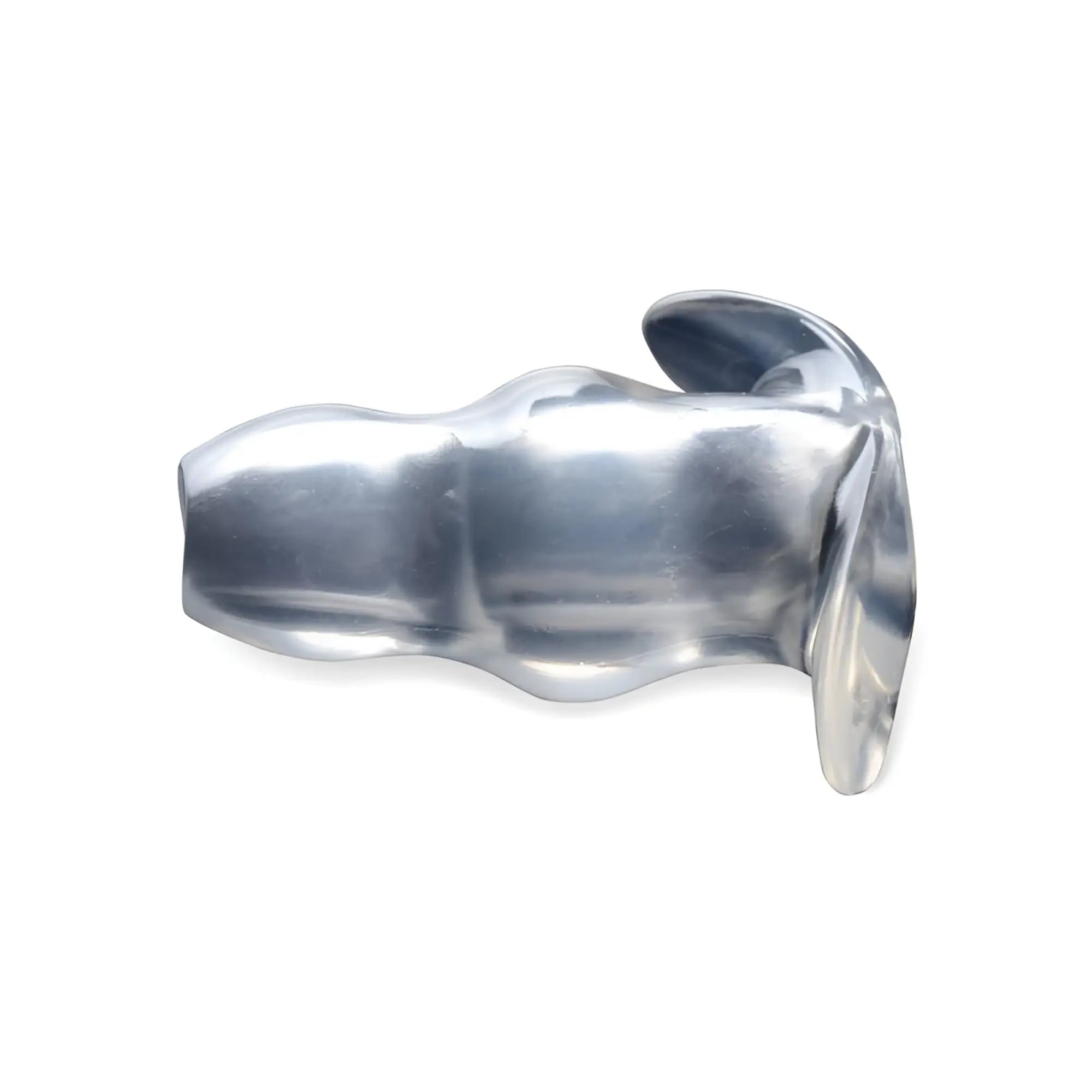 Shiny silver metallic master series clear view hollow anal plug large l with smooth contoured design and flared base