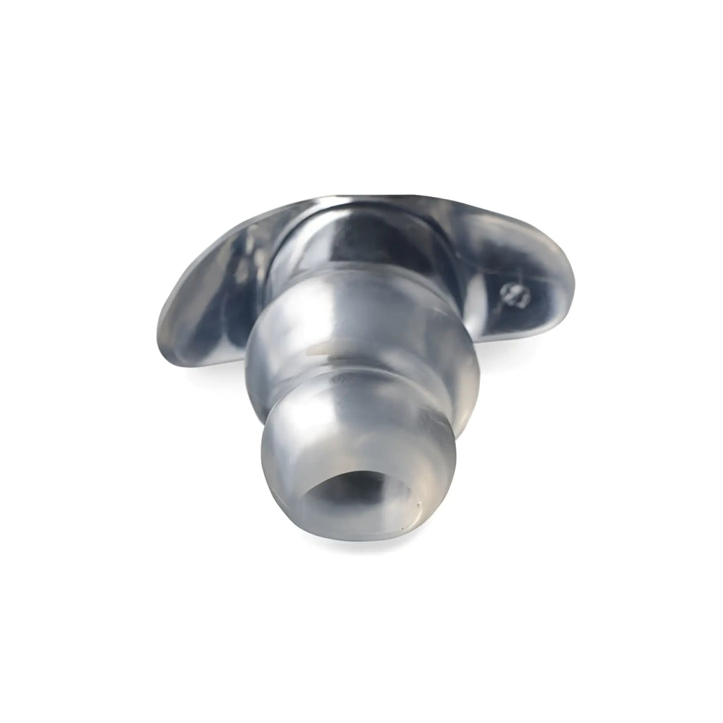 Silver-colored metallic master series clear view hollow anal plug large l with rounded tapered tip and flat winged base