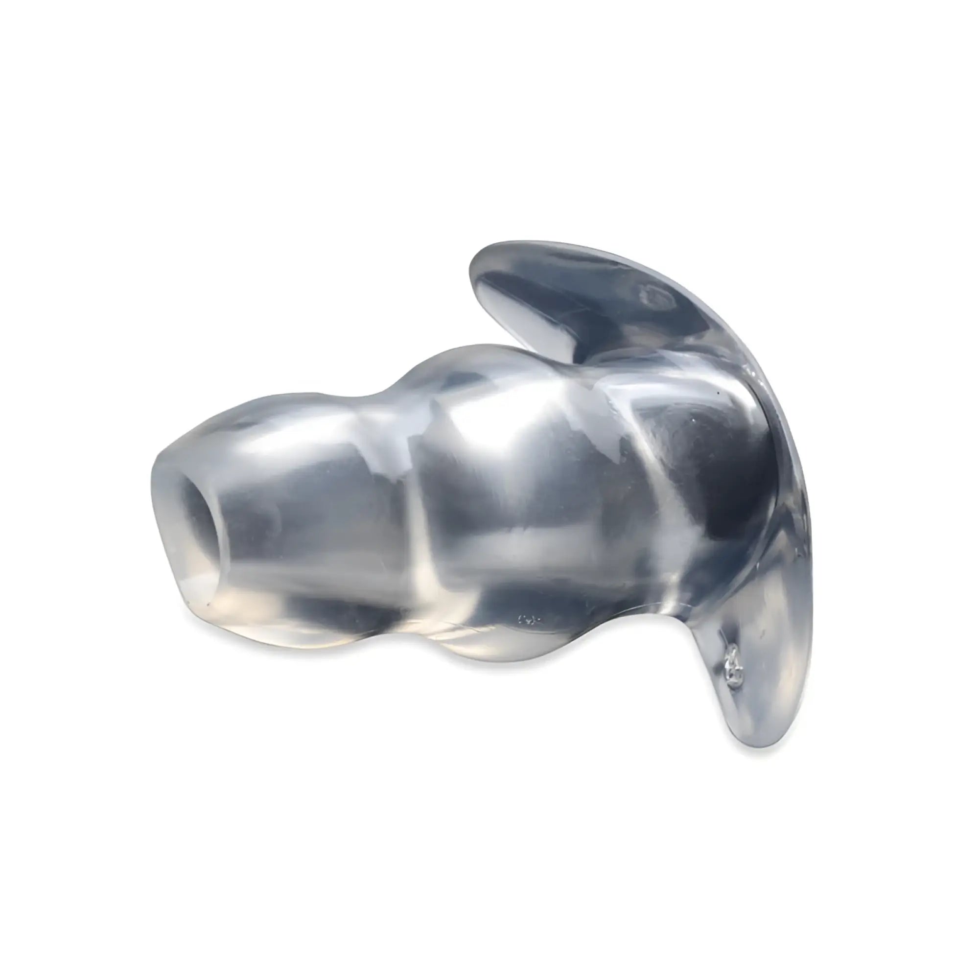 Clear translucent silicone anal plug large l with smooth glossy finish and two flared wings shown from the back side