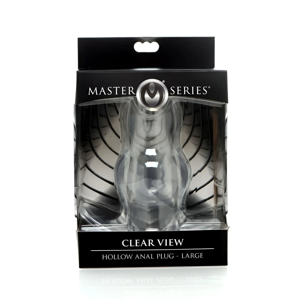 Clear transparent plastic hollow anal plug with silver metallic ring top master series clear view hollow anal plug large l