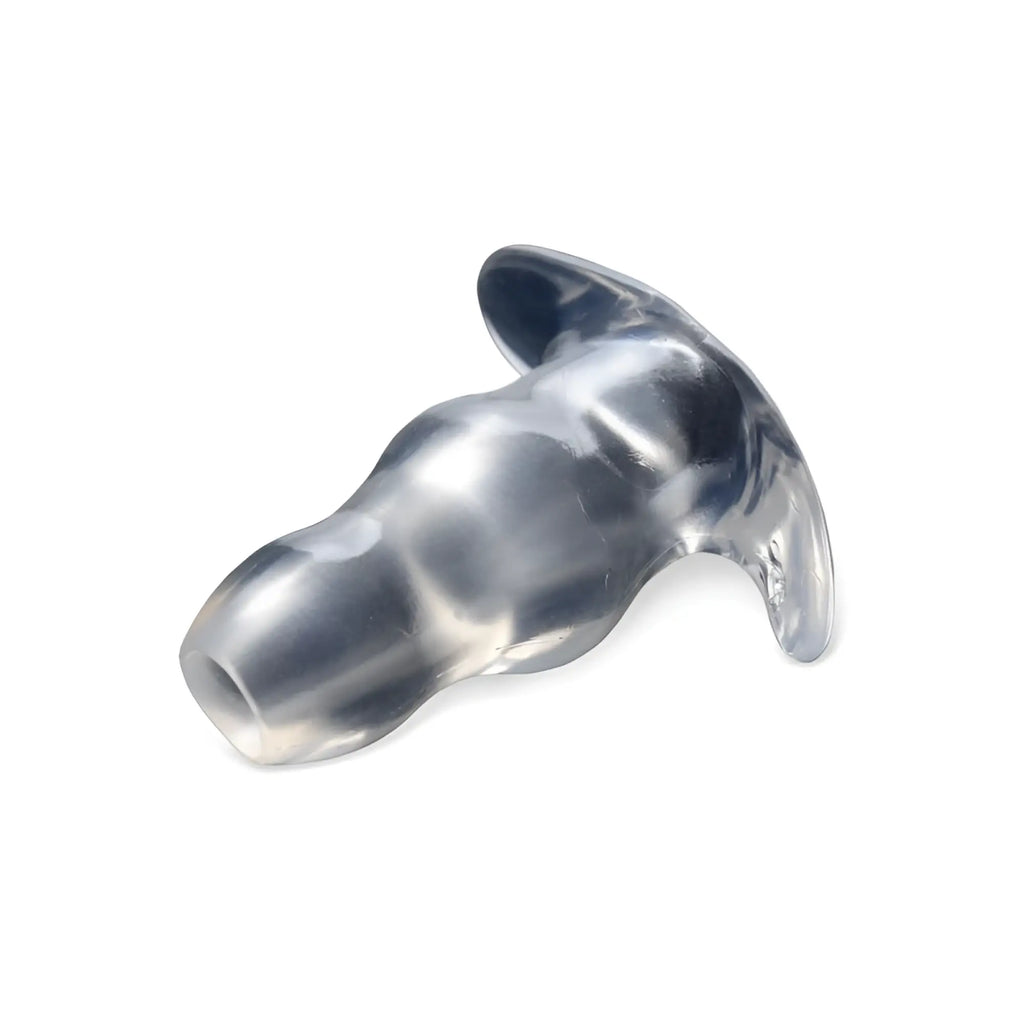 Master series clear view hollow anal plug medium m made of clear silicone with textured contoured design and flared base