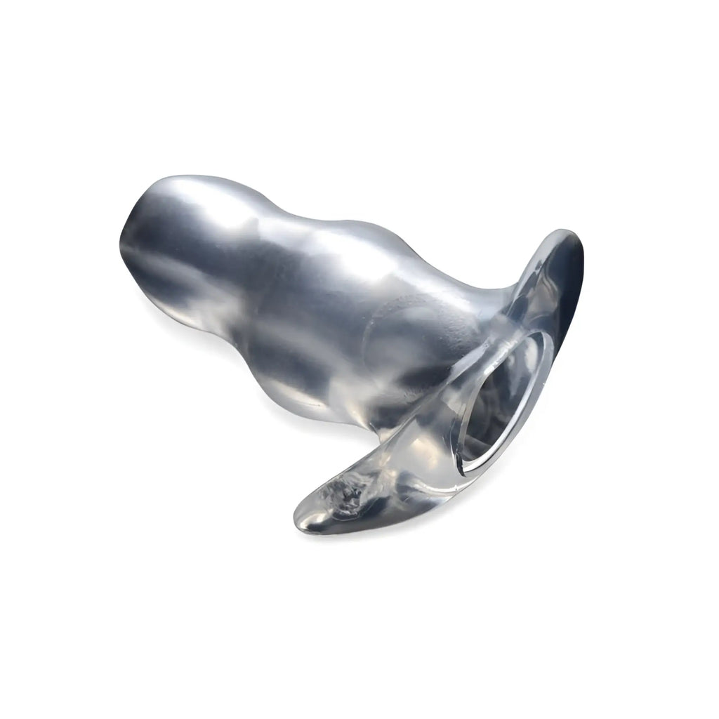 Silver-colored smooth textured master series clear view hollow anal plug medium m with flared base and tapered tip