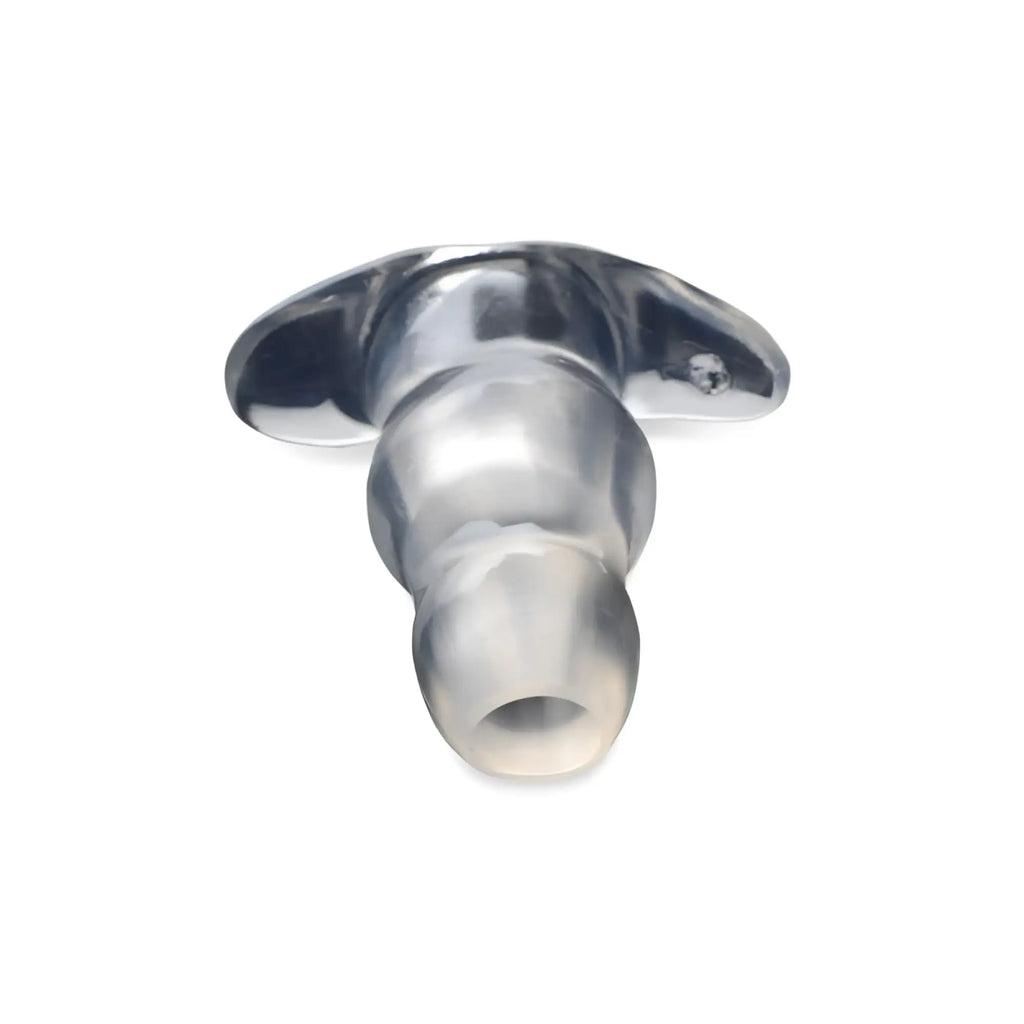 Silver-plated metal and clear silicone anal plug medium m with flared base from the master series clear view hollow range