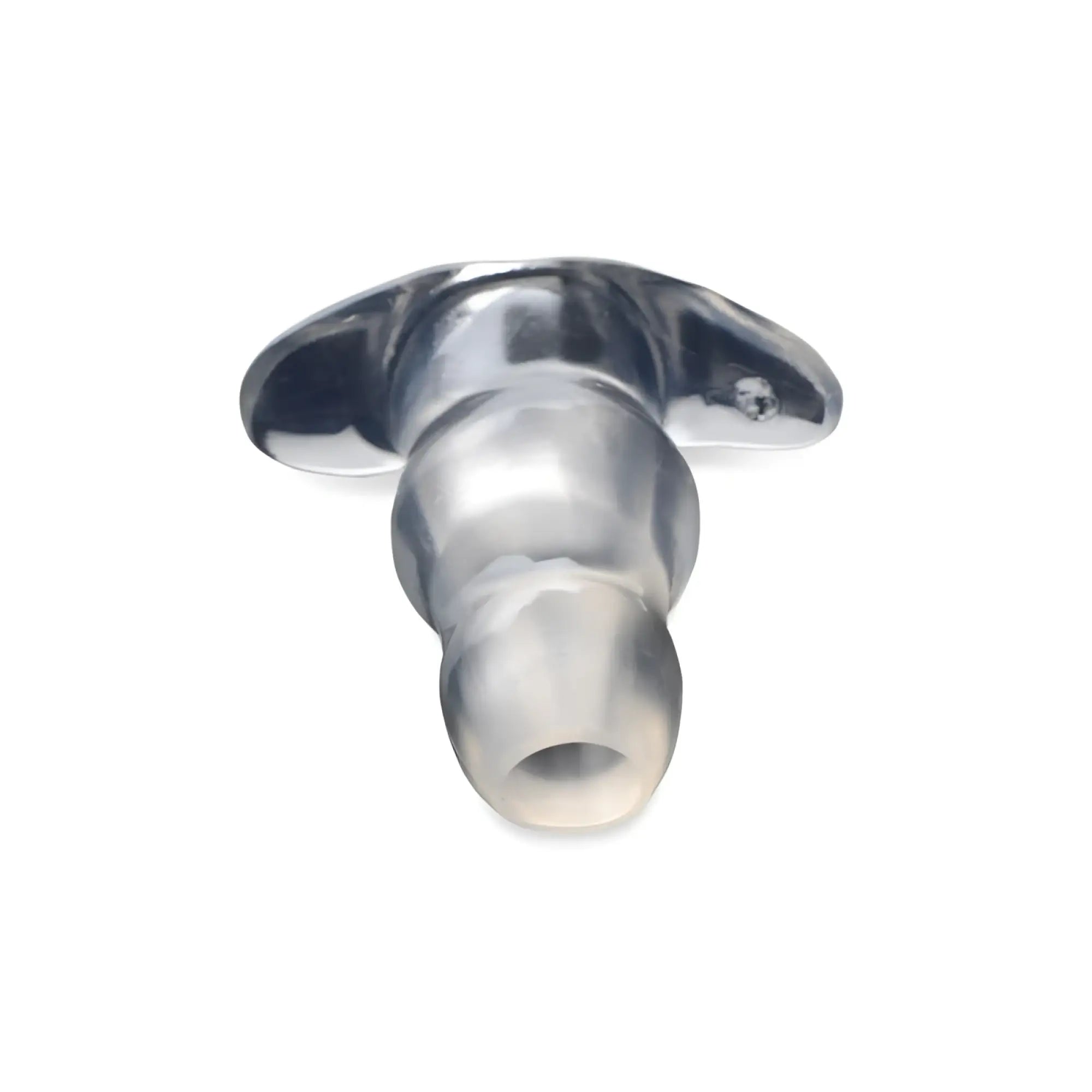Silver-plated metal and clear silicone anal plug medium m with flared base from the master series clear view hollow range
