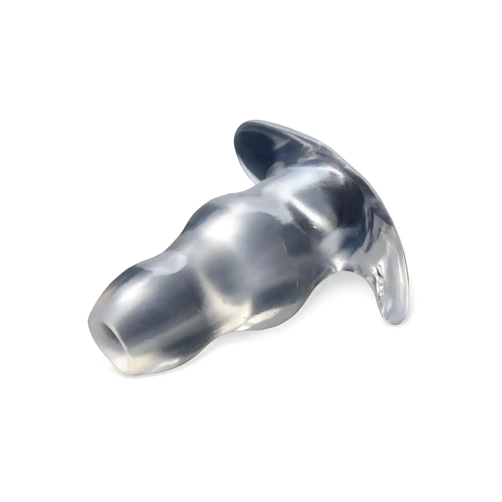 Master series clear view hollow anal plug medium m made of clear silicone with textured contoured design and flared base