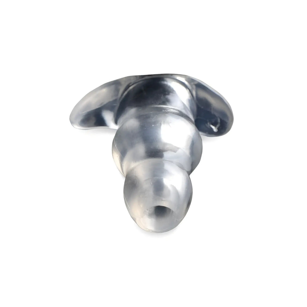 Silver metallic urethral sound with smooth rounded tip and flared base from master series clear view hollow anal plug small s