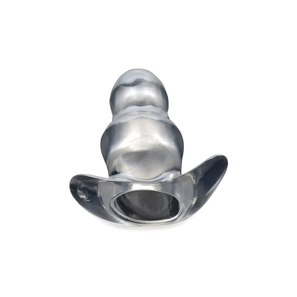 Clear translucent silicone anal plug with smooth rounded design and integrated flared base from master series