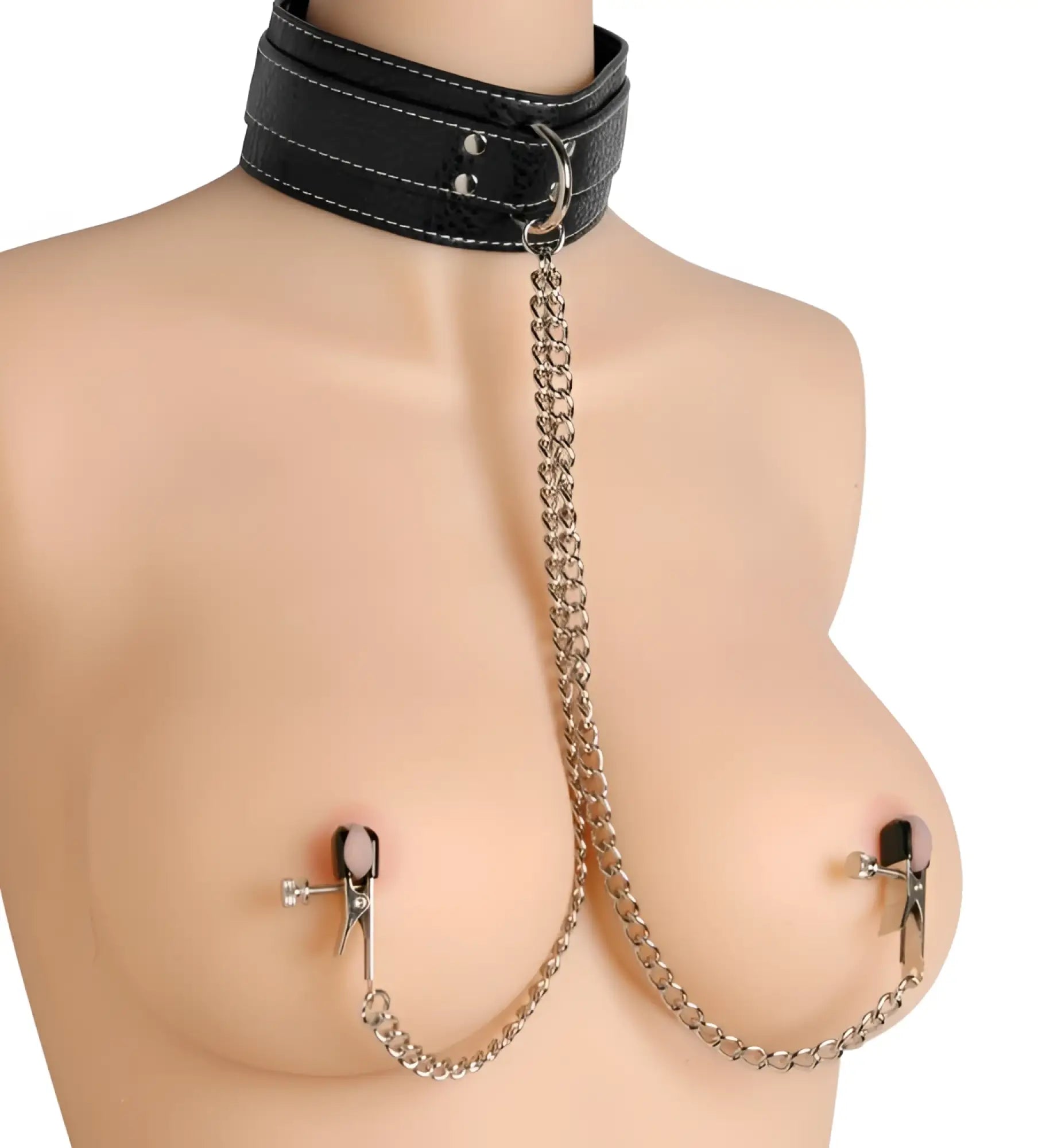 Black leather collar with silver chain and clamps from the master series coveted collar and clamp union product