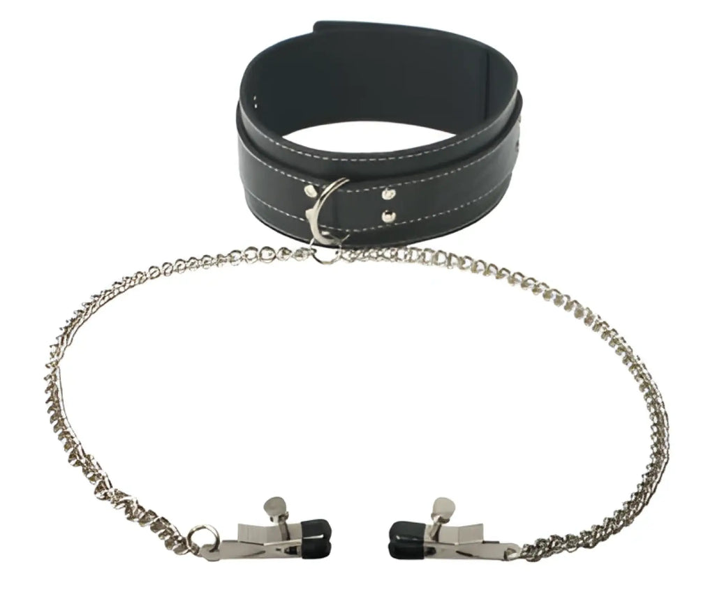 Black leather collar with silver metal clasp and chain paired with matching black tipped metal cuffs from master series coveted collar and clamp union
