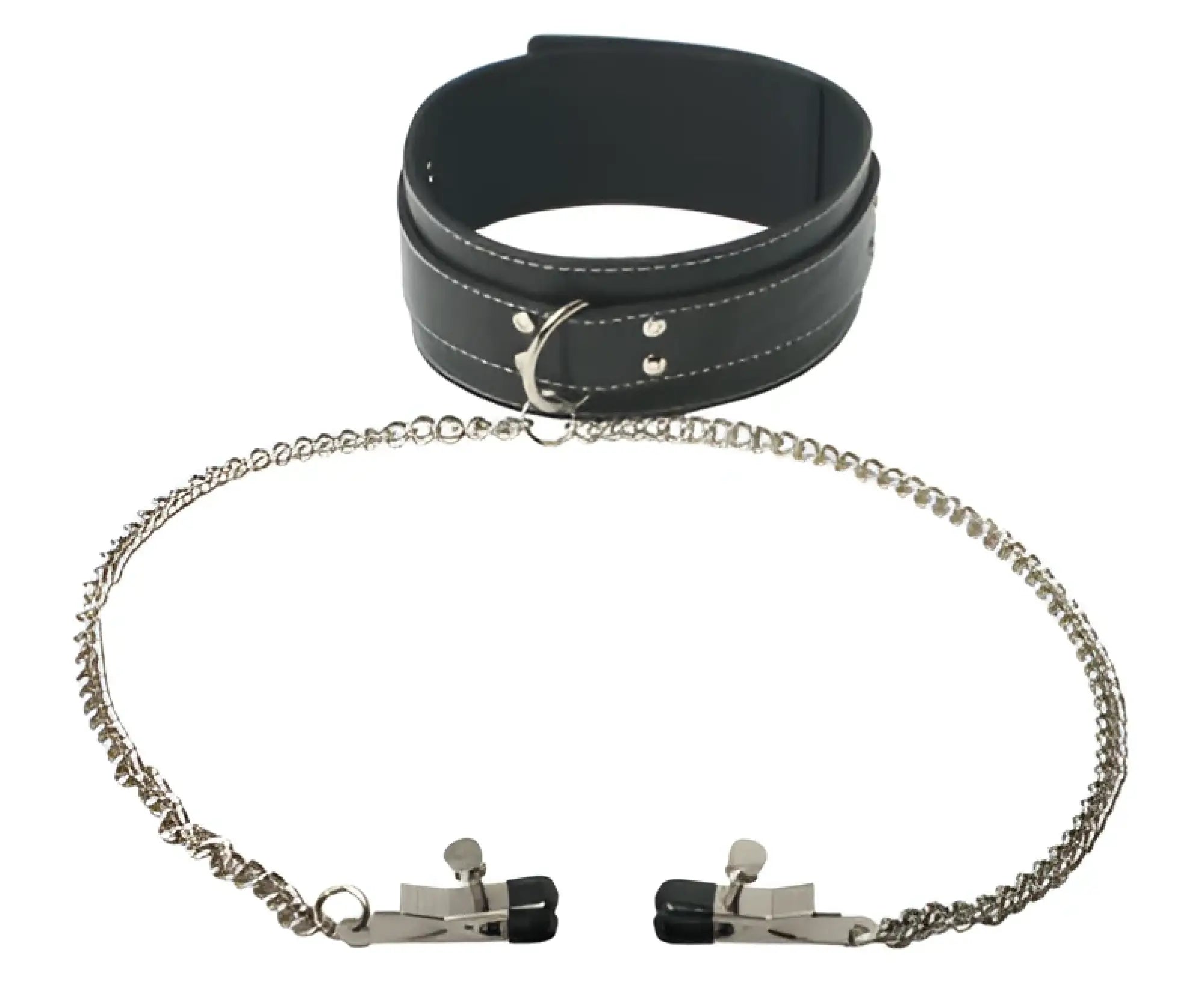 Black leather collar with silver metal clasp and chain paired with matching black tipped metal cuffs from master series coveted collar and clamp union