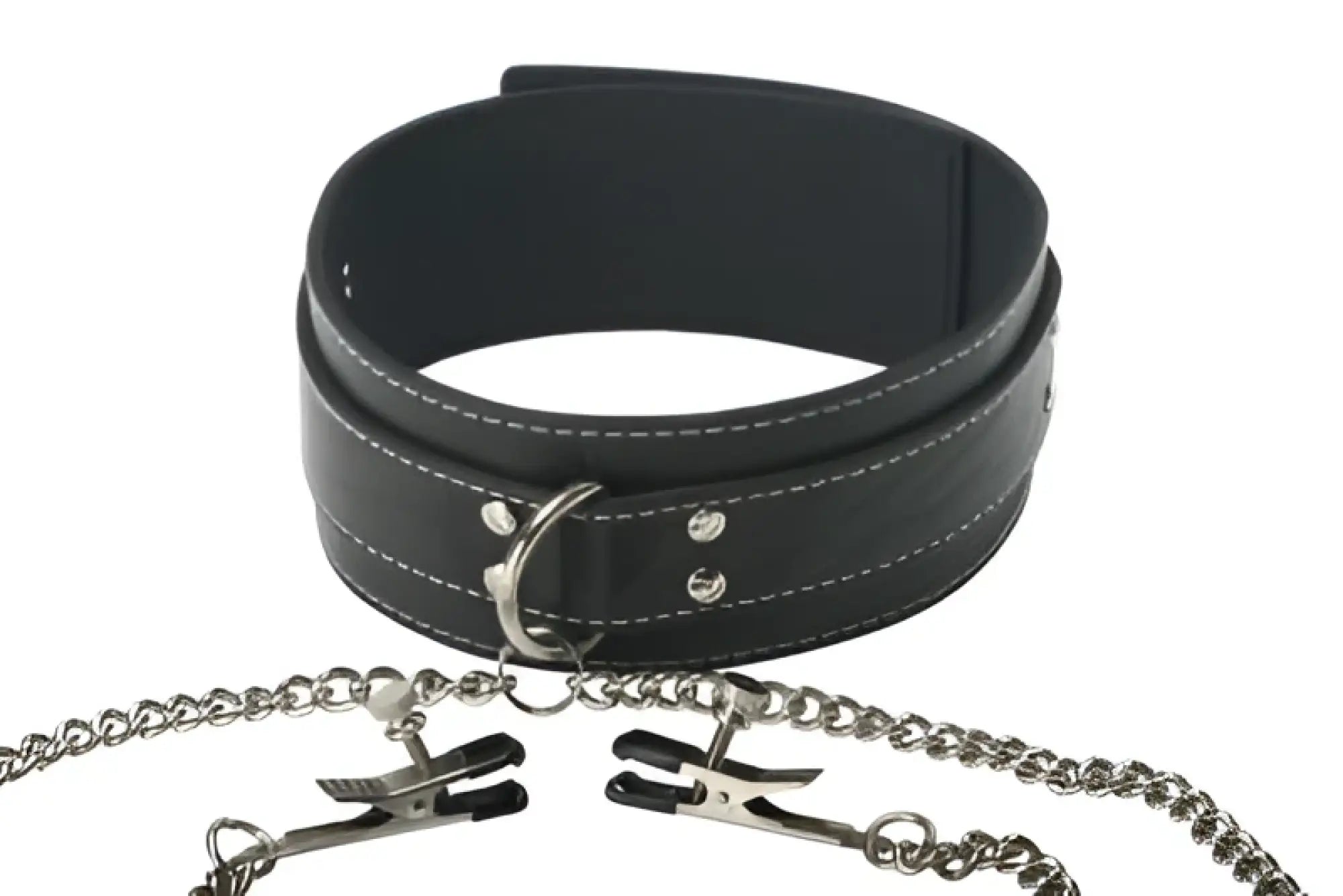 Master Series coveted collar and clamp union black leather collar with silver metal clasp and adjustable chain design