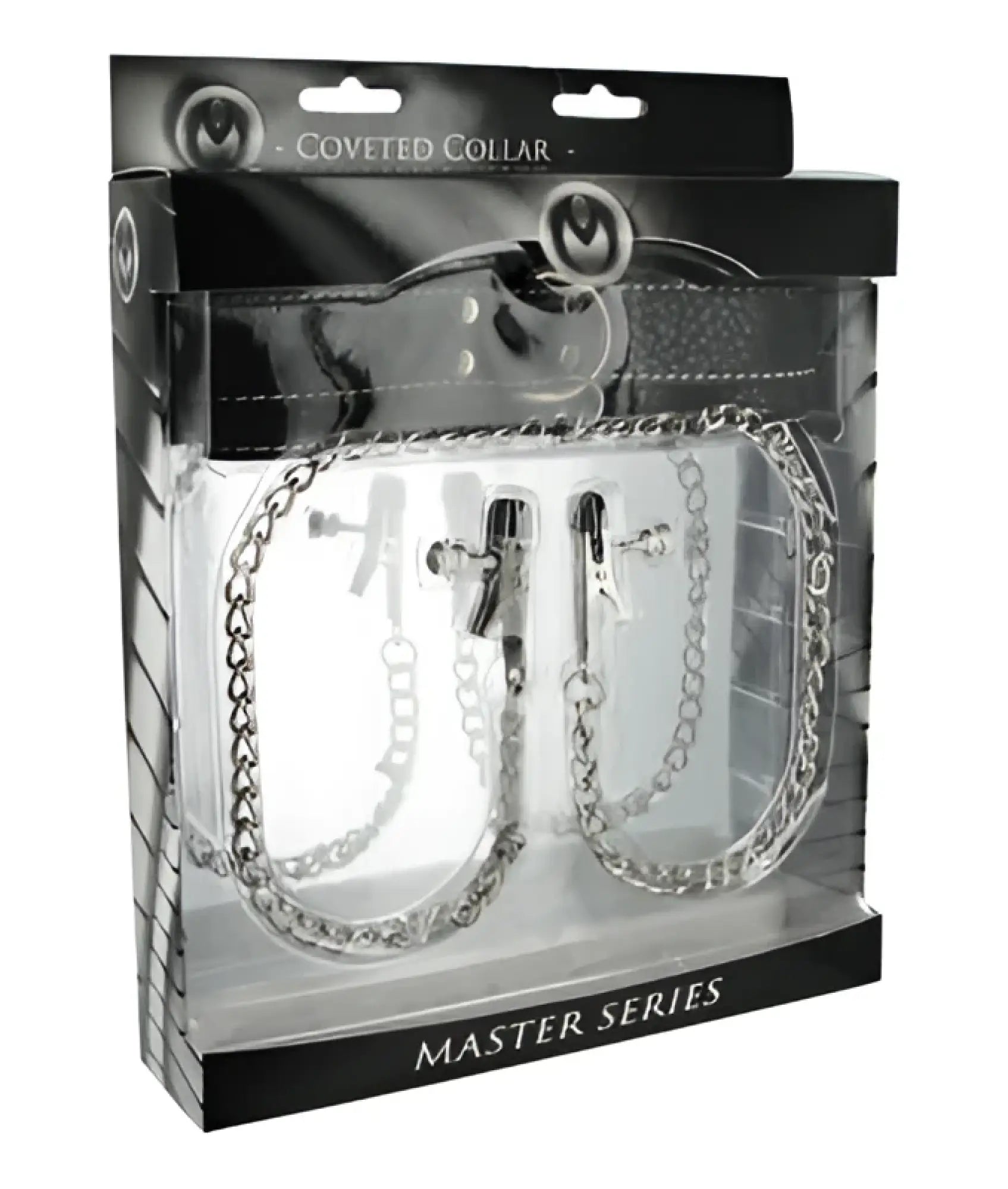 Silver chain collar set in black clear plastic package featuring two adjustable chains with metal clasps master series coveted collar and clamp union