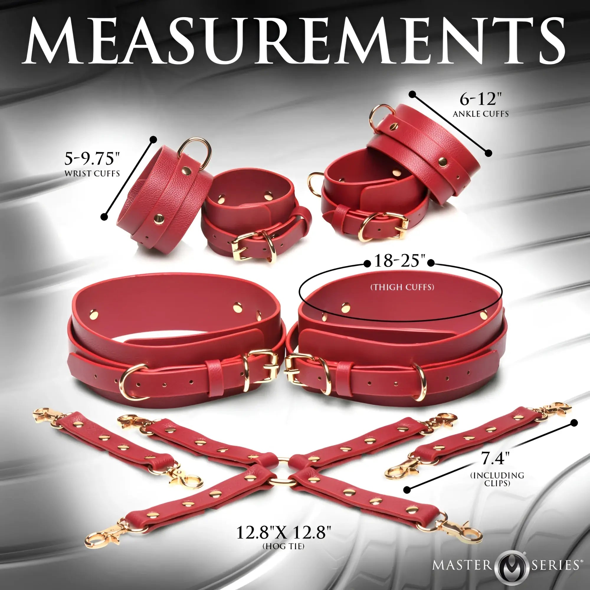 Red leather bondage set with adjustable straps and gold-toned hardware from master series crimson captive restraints