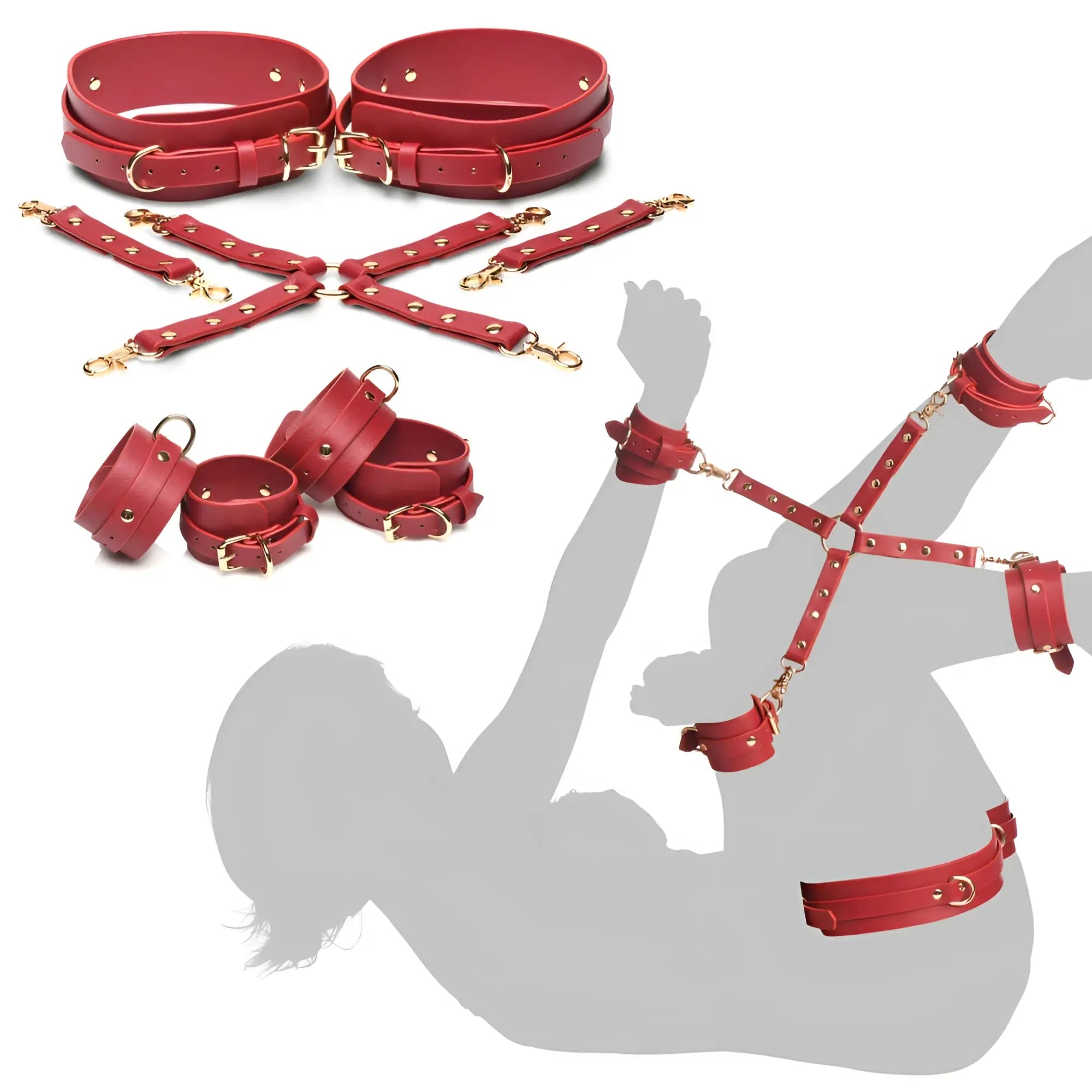 Red leather bondage set with gold-toned metal hardware and studs from master series crimson captive restraints