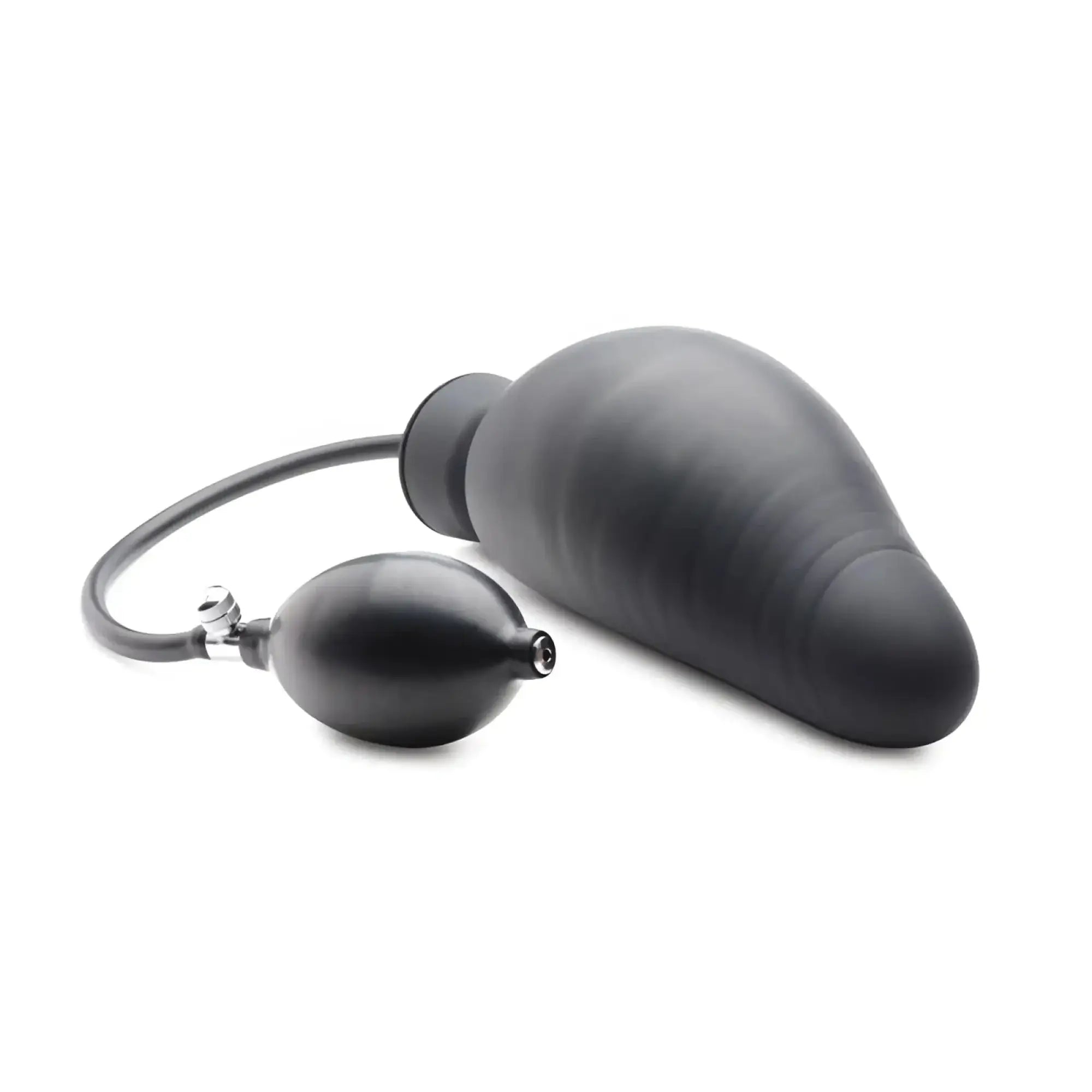 Black silicone inflatable anal plug with pump and hose from master series dick spand dildo product front view