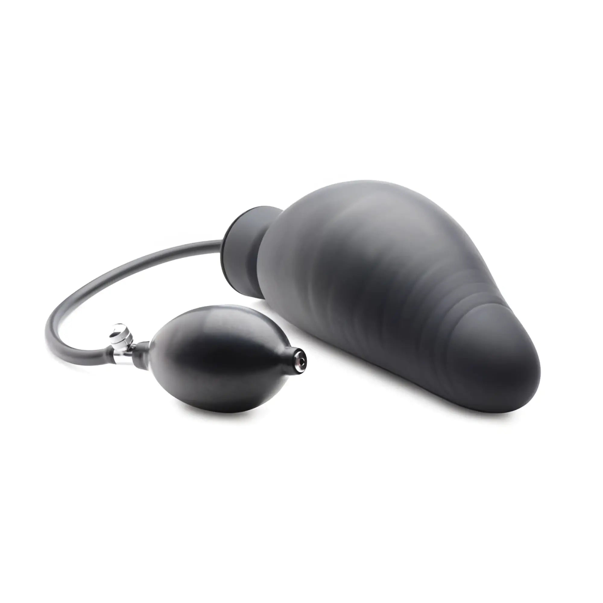 Black silicone inflatable anal plug with pump and hose from master series dick spand dildo product front view