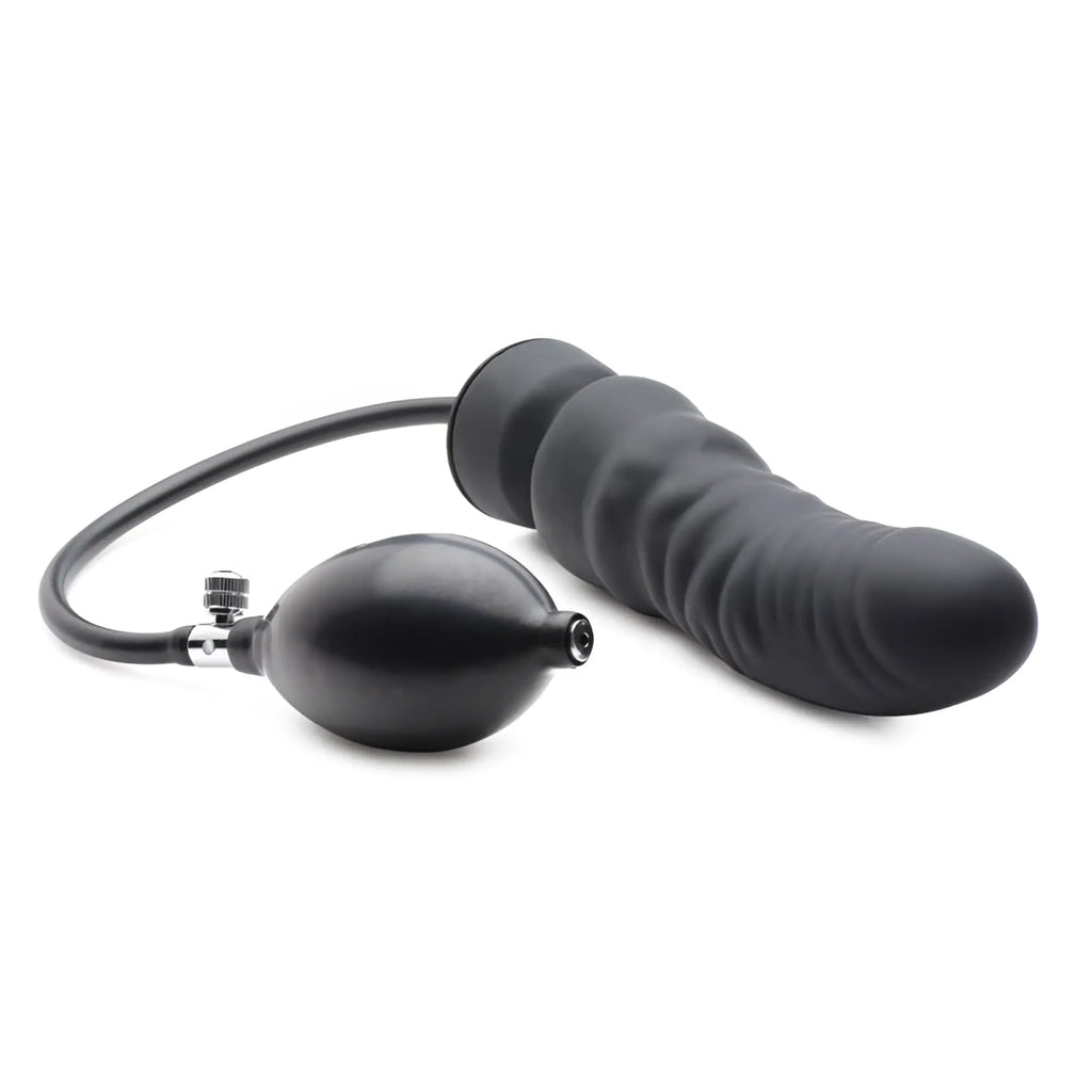 Black silicone inflatable dildo with attached pump and hose from master series dick spand for adjustable use