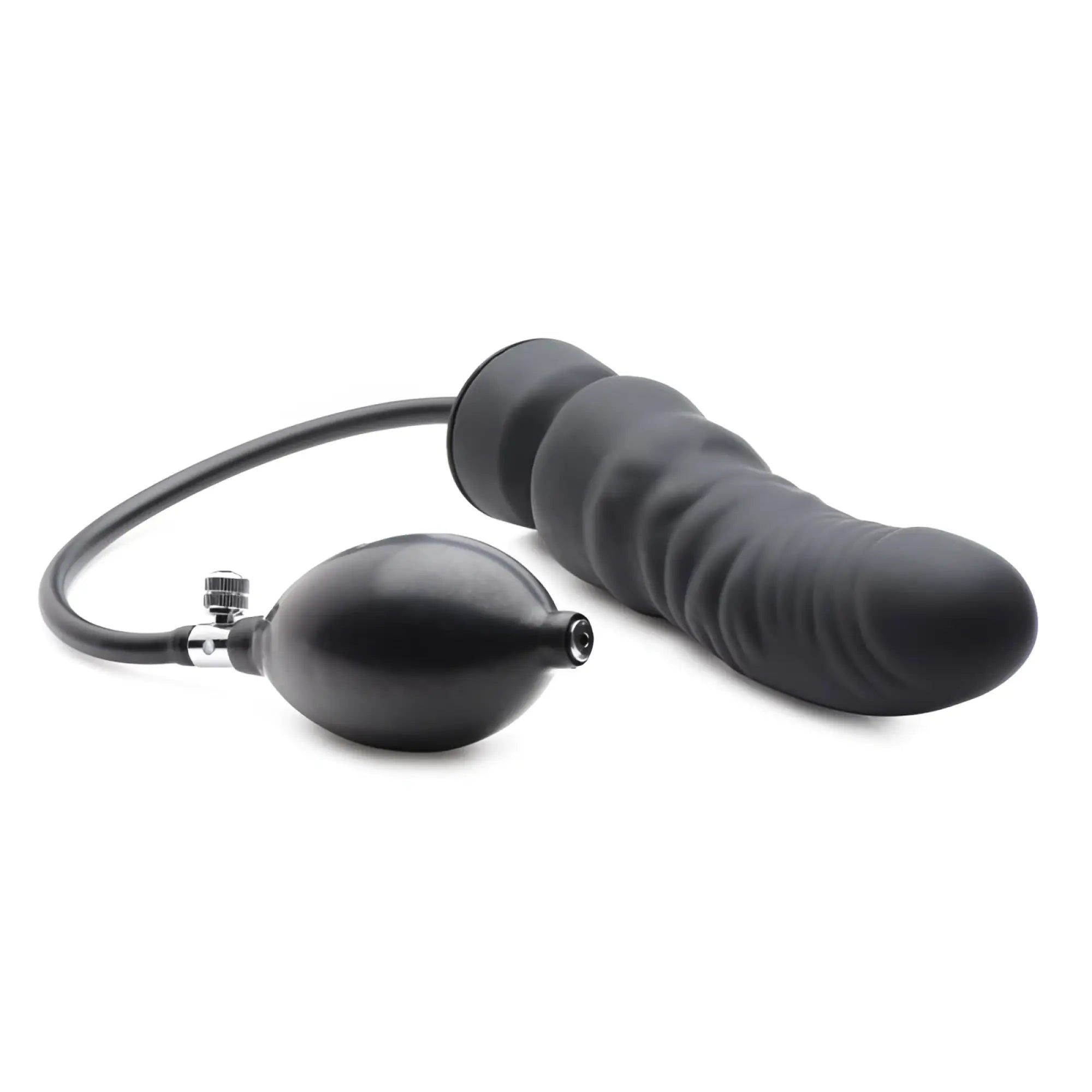 Black silicone inflatable dildo with attached pump and hose from master series dick spand for adjustable use