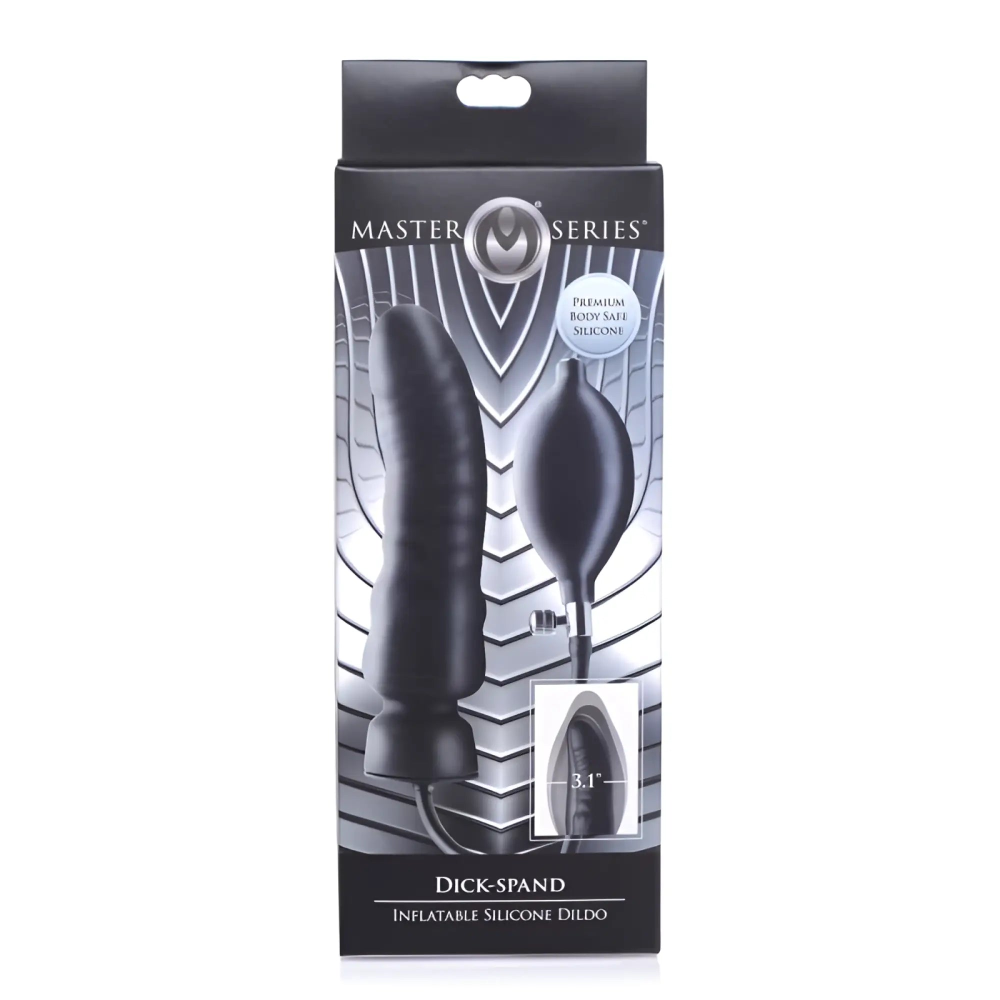 Black inflatable silicone dildo with attached pump in master series packaging for adjustable use
