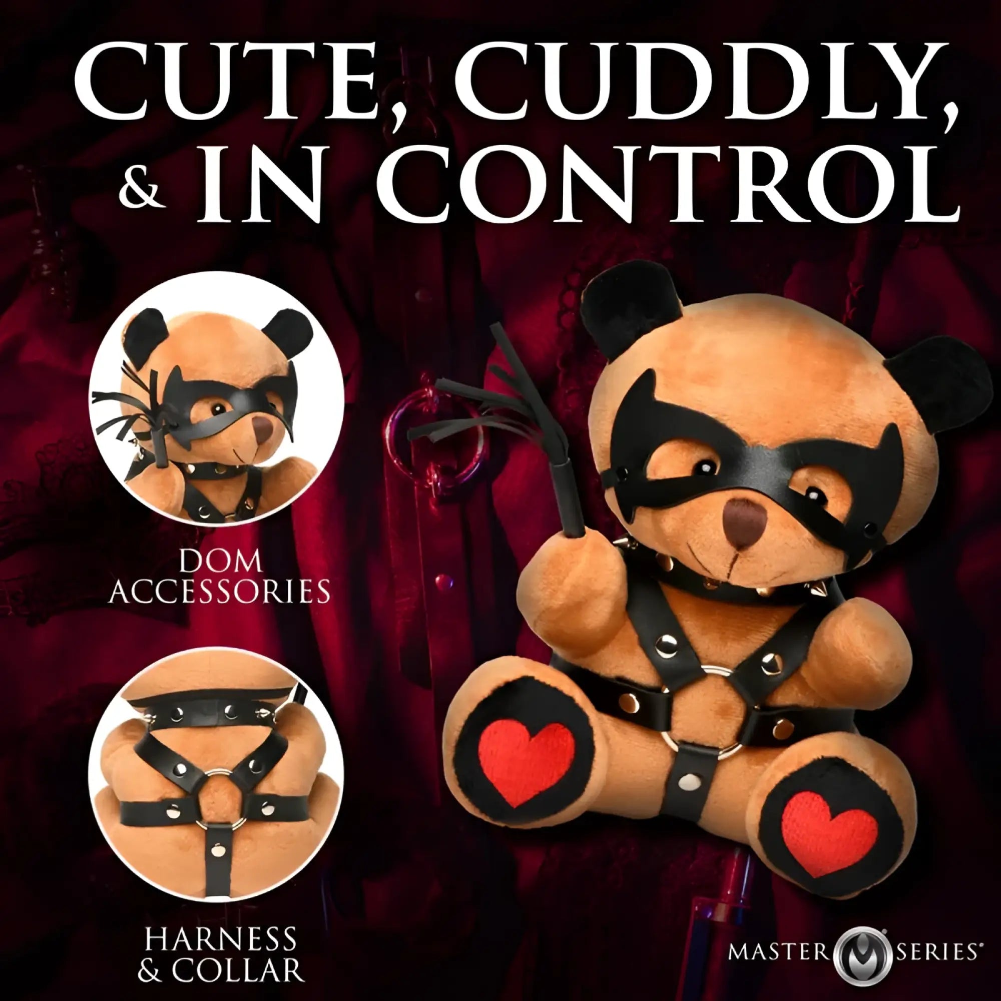 A plush tan teddy bear from master series dom teddy bear plushy wearing a black leather mask harness and collar with red heart patches