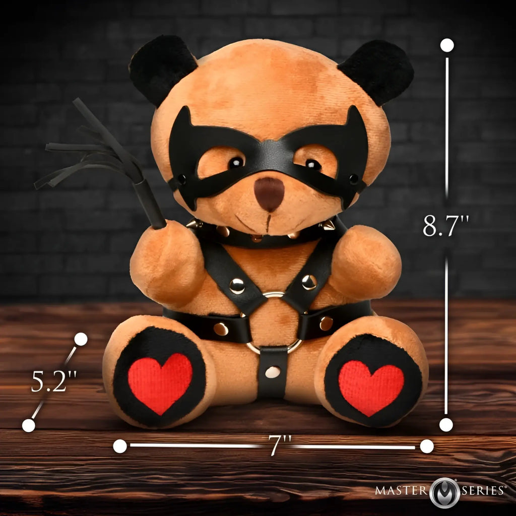 Master series dom teddy bear plushy tan with black ears leather mask harness silver hardware and red heart paw patches holding whip
