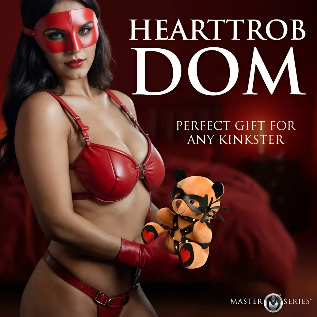 Red leather heartthrobdom mask from the master series dom teddy bear plushy collection for roleplay use