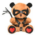 Tan plush teddy bear wearing black leather mask and harness with red heart patches on paws master series dom teddy plushy