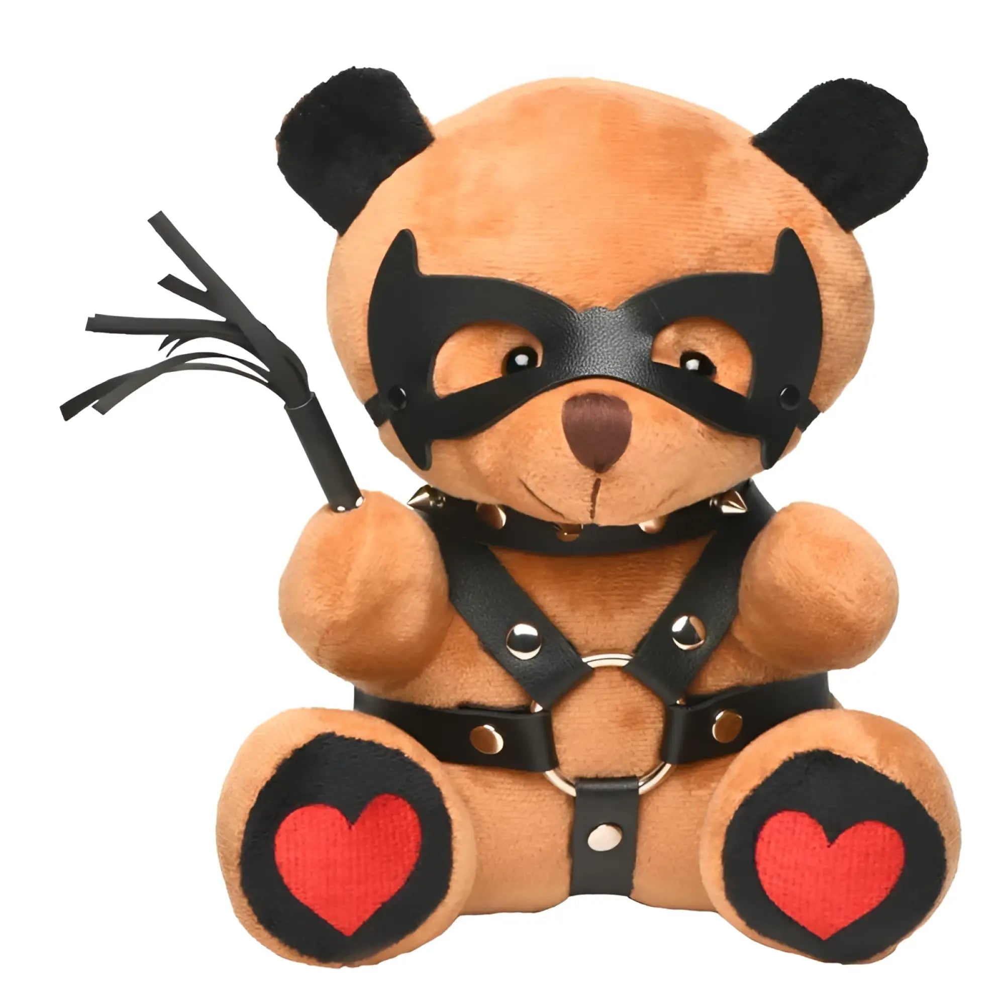 Tan plush teddy bear wearing black leather mask and harness with red heart patches on paws master series dom teddy plushy