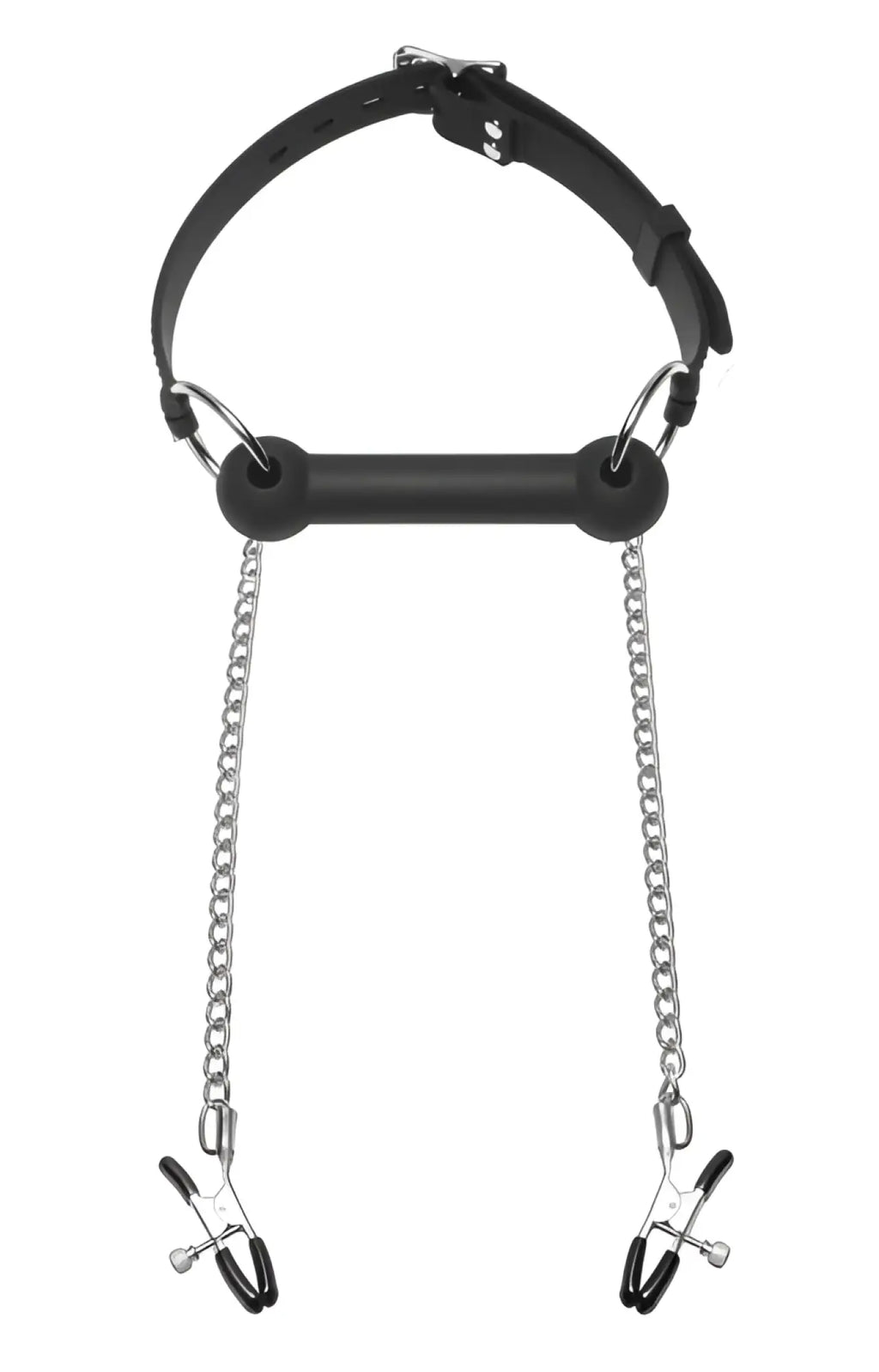 Black leather Master Series equine silicone bit gag with central bar and silver chains ending in black-tipped clamps
