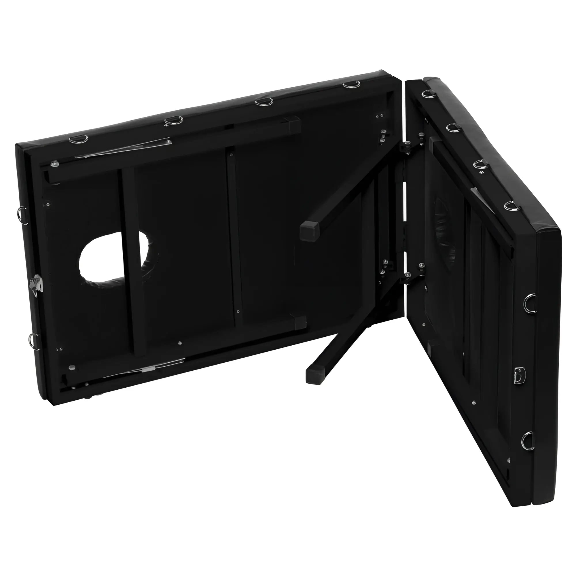 Black foldable master series extreme bondage massage table with padded surface and metal frame