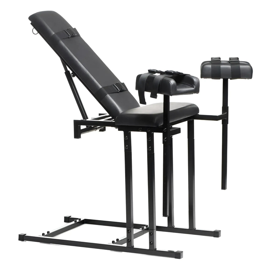 Master Series extreme obedience chair black leather-bound restraint chair with adjustable headrest and padded arm restraints