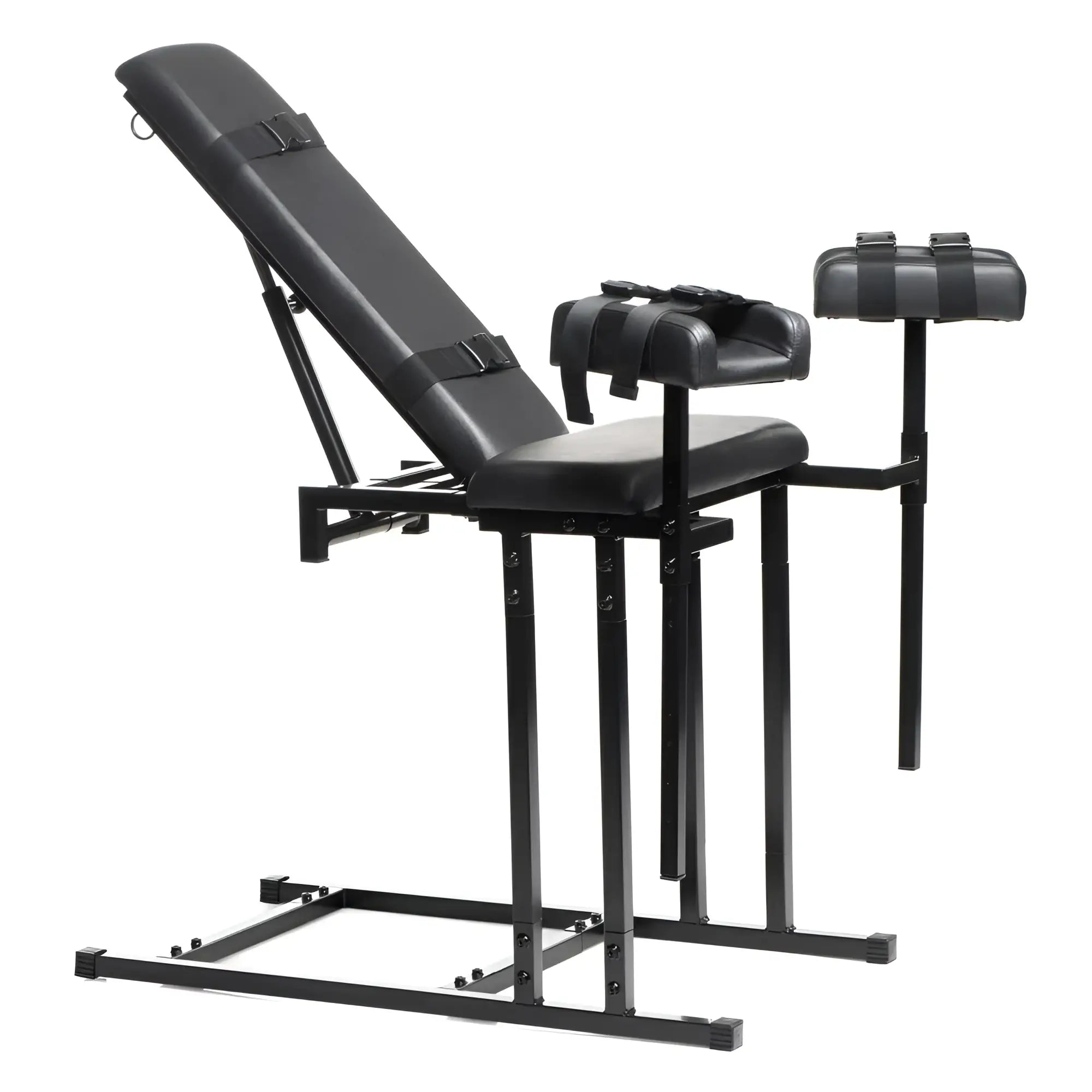 Master Series extreme obedience chair black leather-bound restraint chair with adjustable headrest and padded arm restraints