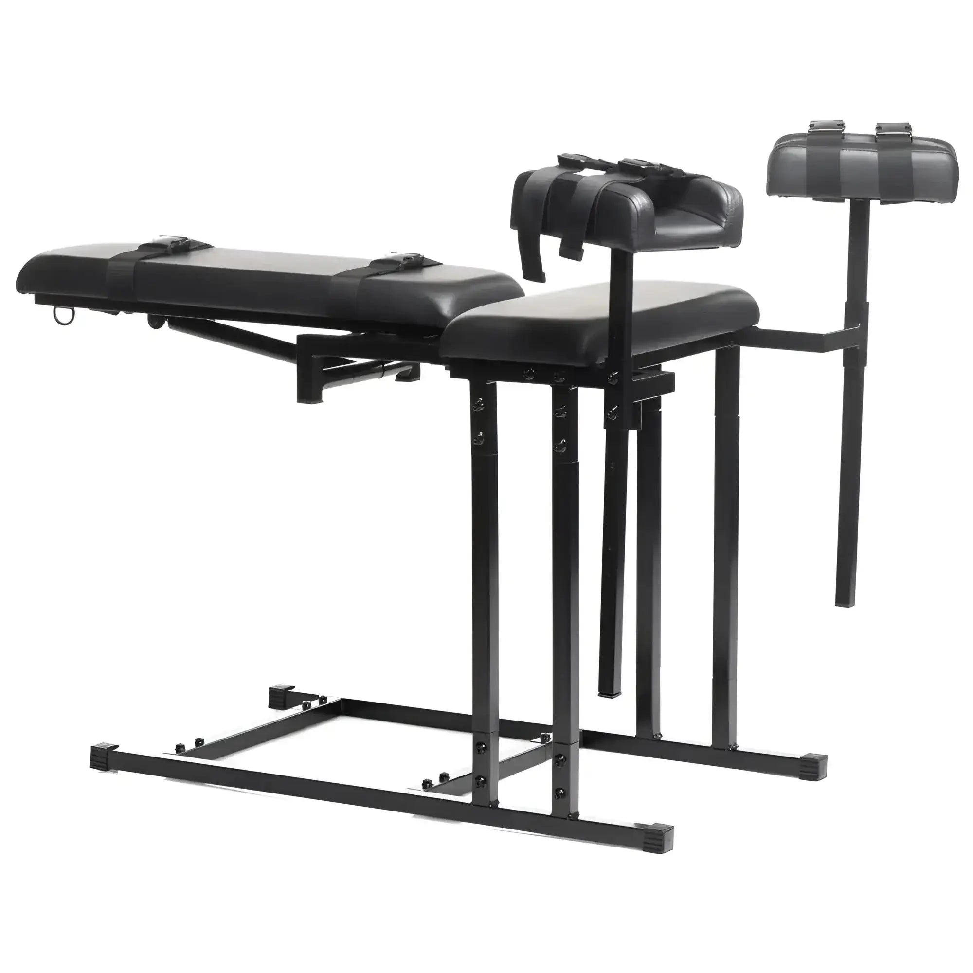 Black leather-bound master series extreme obedience chair with adjustable metal frame and padded seating for restraint