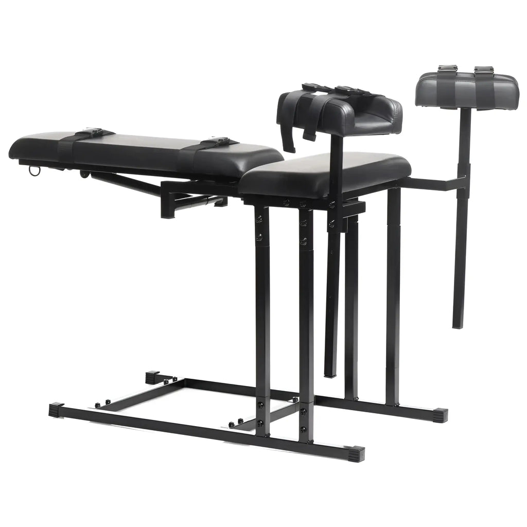 Black leather-bound master series extreme obedience chair with adjustable metal frame and padded seating for restraint