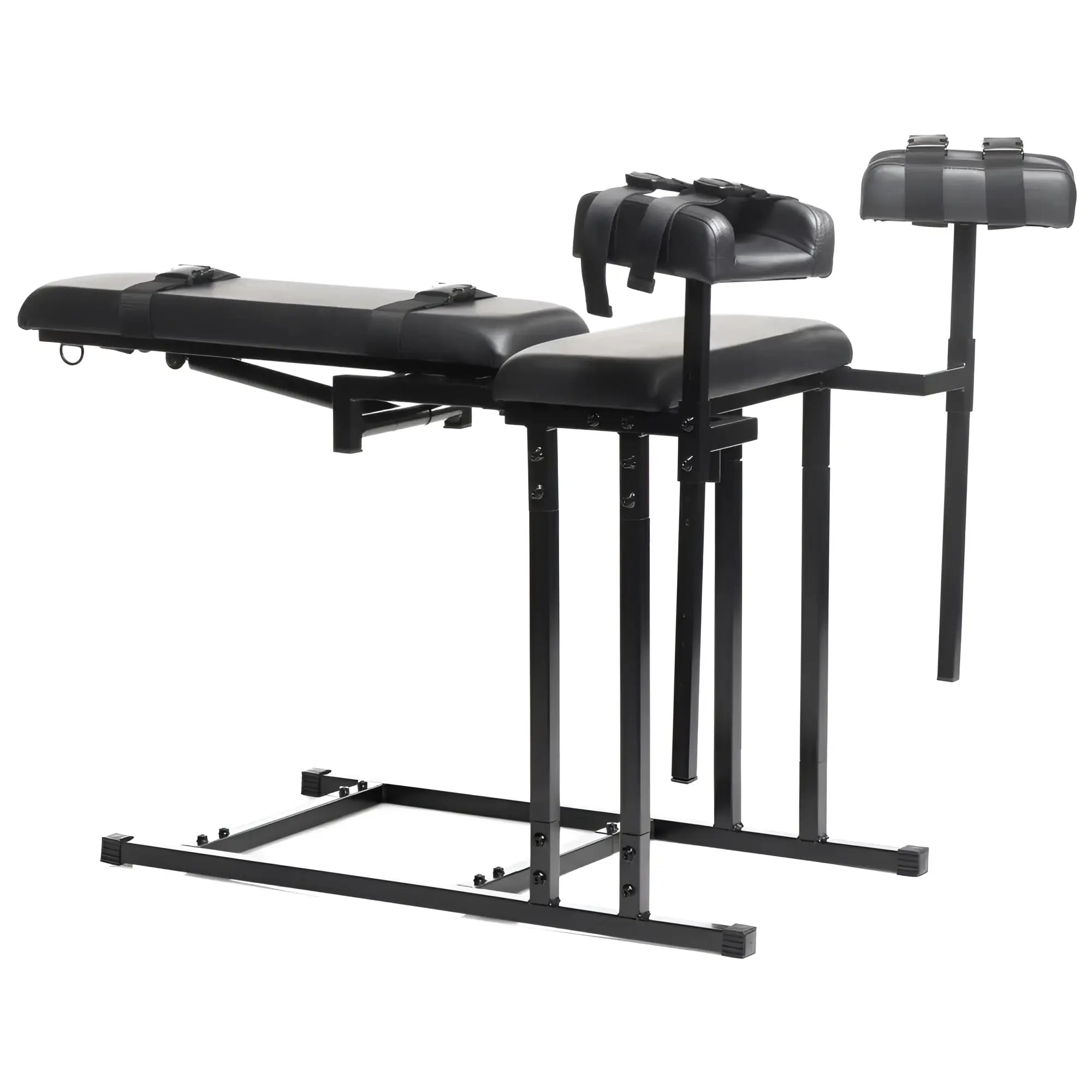 Black leather-bound master series extreme obedience chair with adjustable metal frame and padded seating for restraint