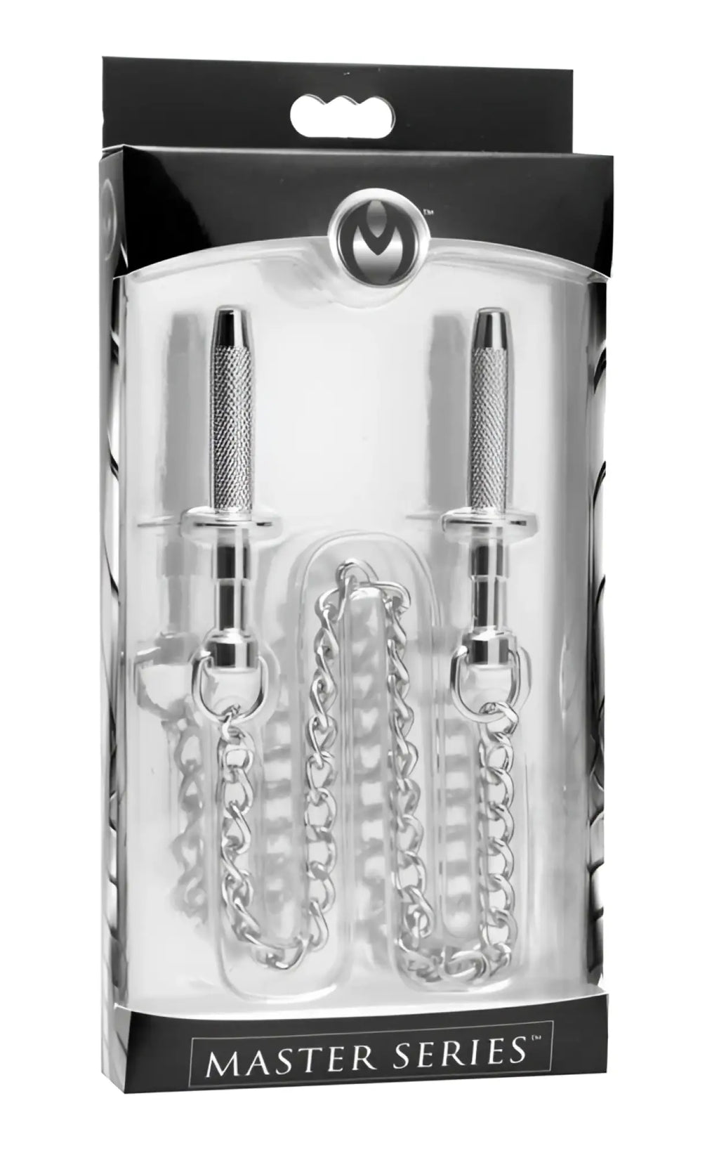Silver metallic chastity cage from master series extreme sensation claw clamps with textured grip handles and chain link design