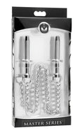 Silver metallic chastity cage from master series extreme sensation claw clamps with textured grip handles and chain link design