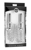 Silver metallic chastity cage from master series extreme sensation claw clamps with textured grip handles.