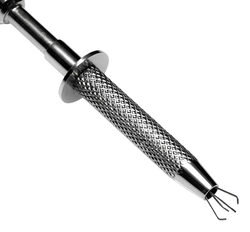 Master Series Extreme Sensation claw clamps silver metallic surgical instrument with textured diamond grip and three wire prongs
