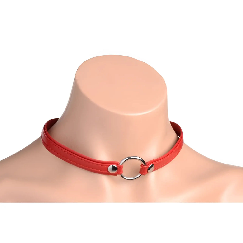 Red faux leather master series fiery pet choker with silver metal ring and two matching studs for stylish wear