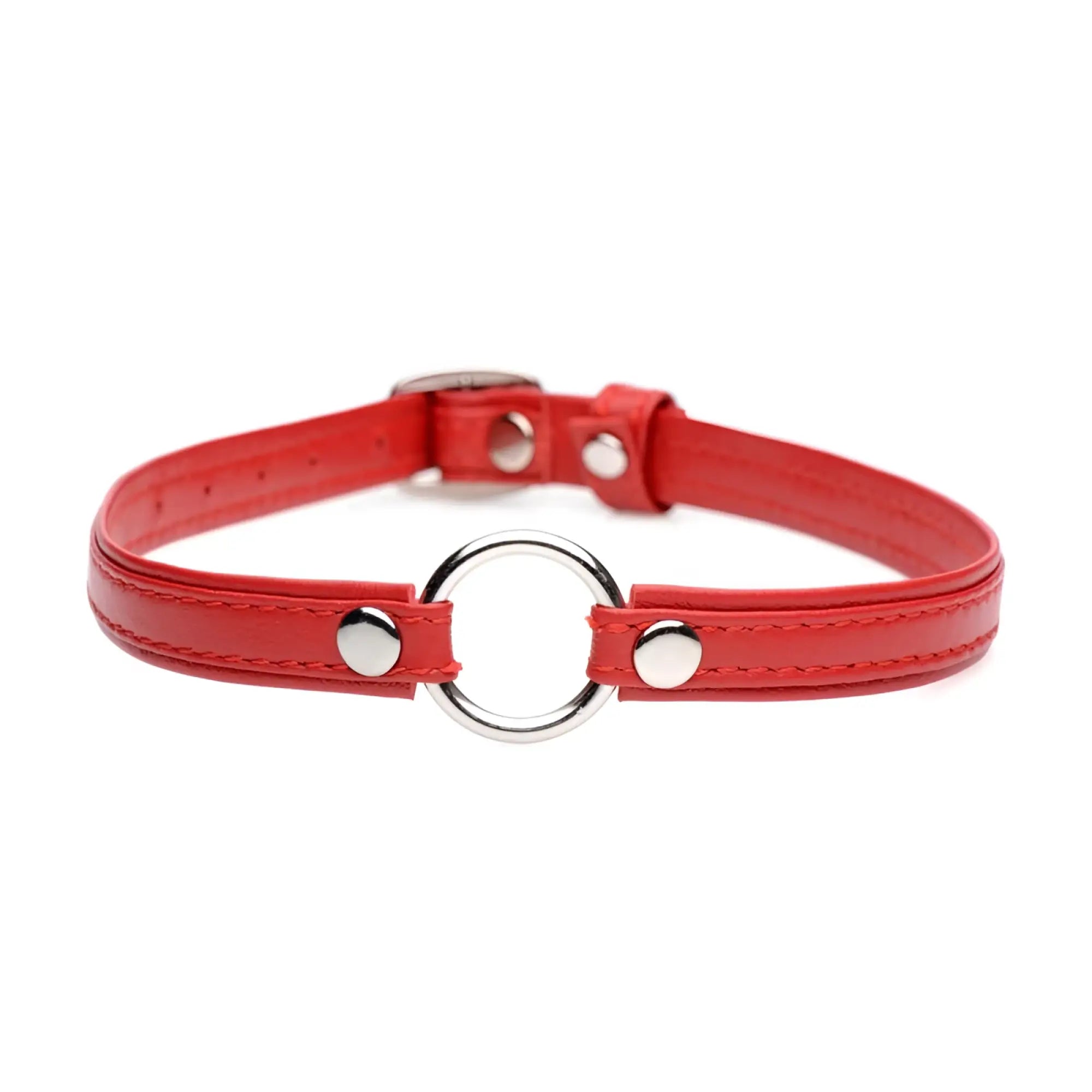 Red leather choker with a silver metal ring and matching studs from the Master Series Fiery Pet Leather Choker red line