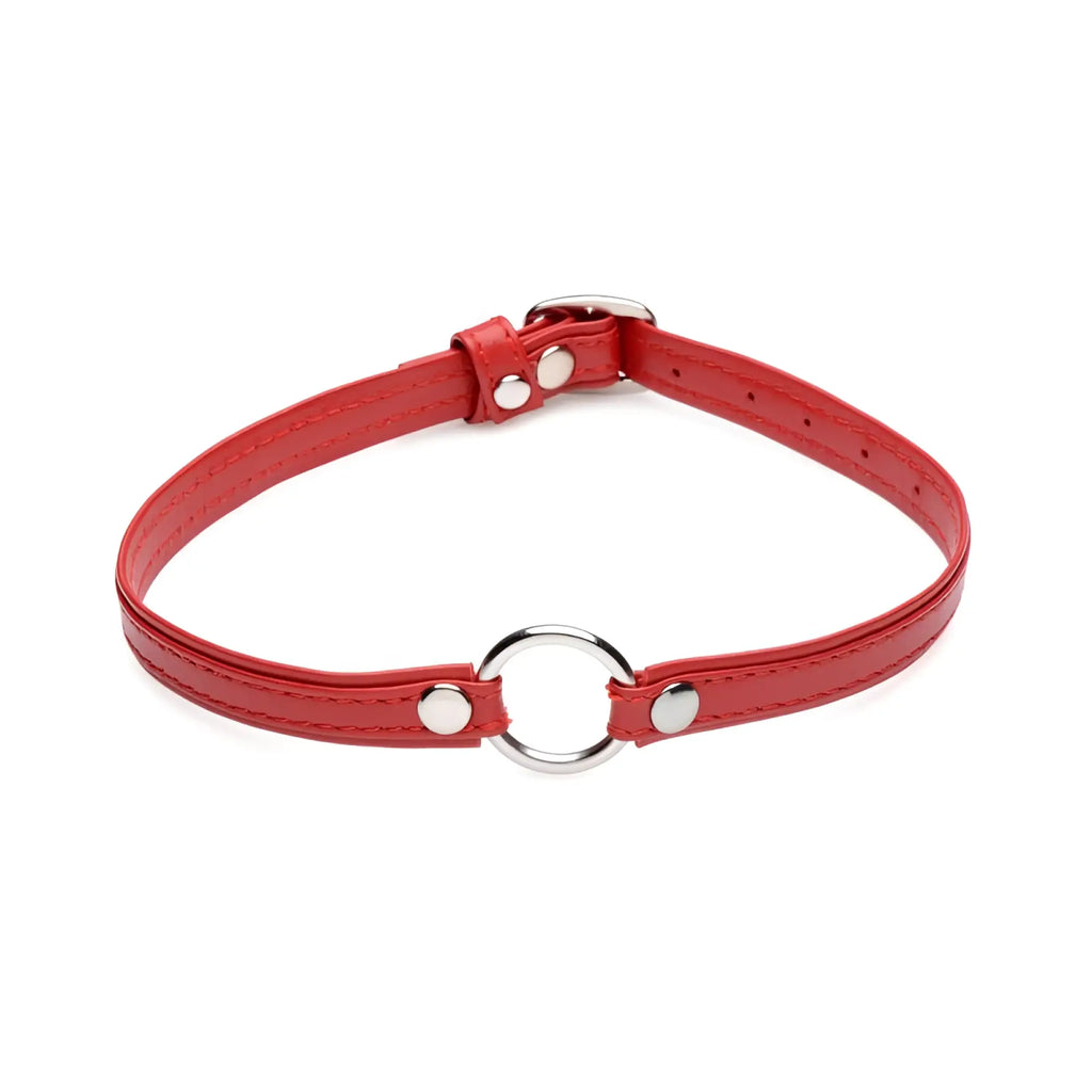 Red leather choker from master series with silver metal ring and matching studs for fiery pet leather style