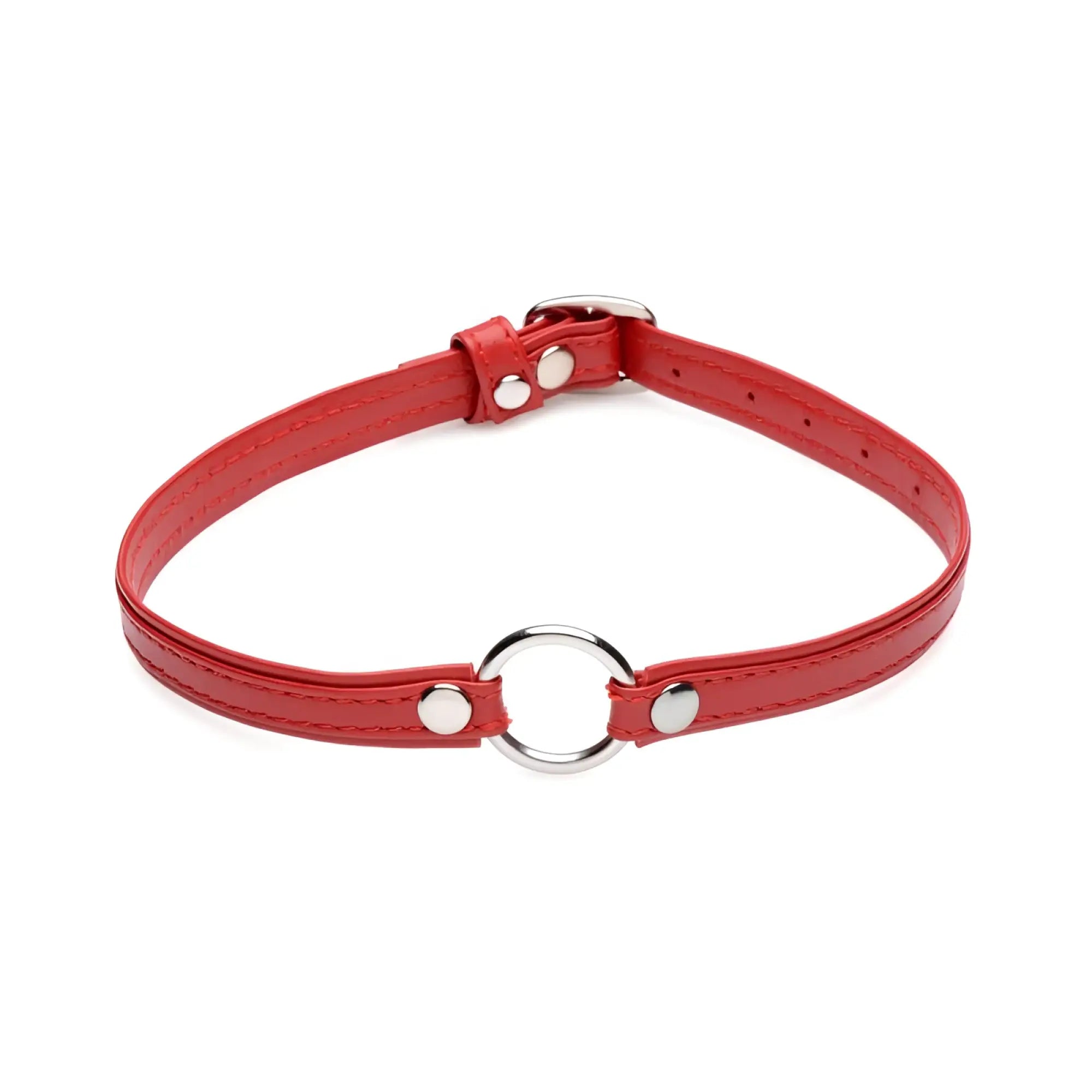 Red leather choker from master series with silver metal ring and matching studs for fiery pet leather style