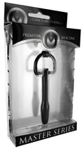 Black silicone 7 cm cum-thru d-ring penis plug from master series the hallows shown from the back side