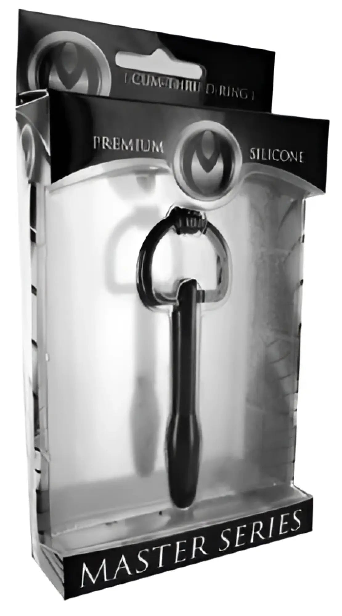 Black silicone 7 cm cum-thru d-ring penis plug from master series the hallows shown from the back side