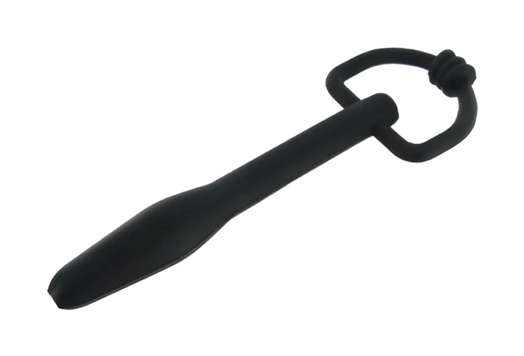 Black silicone anal plug with looped handle from master series the hallows cum-thru d-ring penis plug product