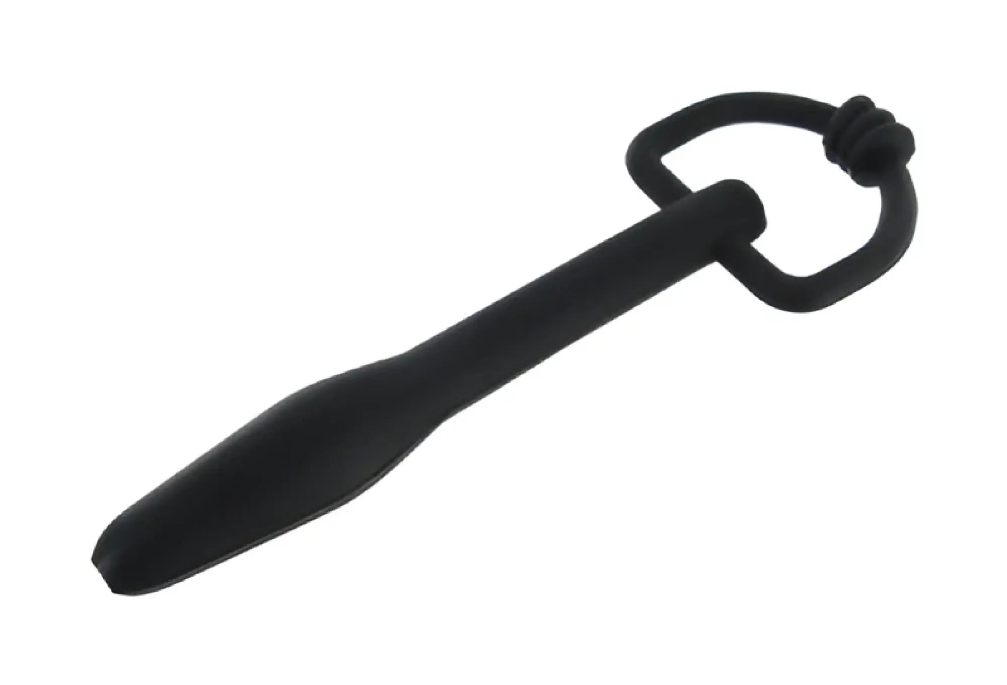 Black silicone anal plug with looped handle from master series the hallows cum-thru d-ring penis plug product