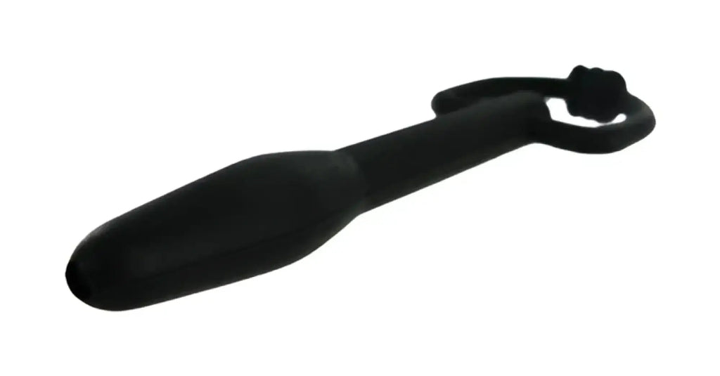 Black silicone anal plug with looped handle from master series the hallows cum-thru d-ring penis plug